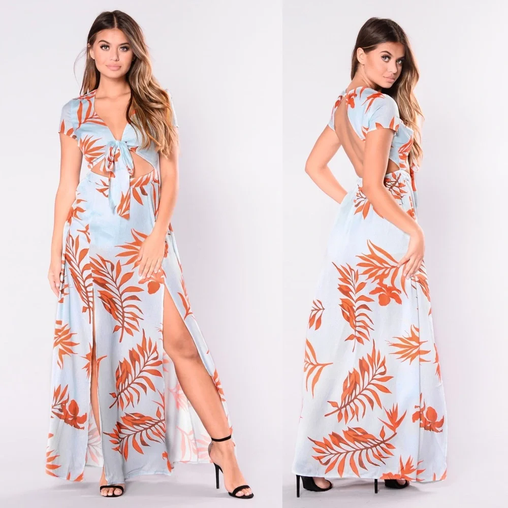 Latiste Mint Blue/Tropical Leaf Orange Island Hop Cut Out Maxi Dress. NWT Size S - Picture 4 of 13